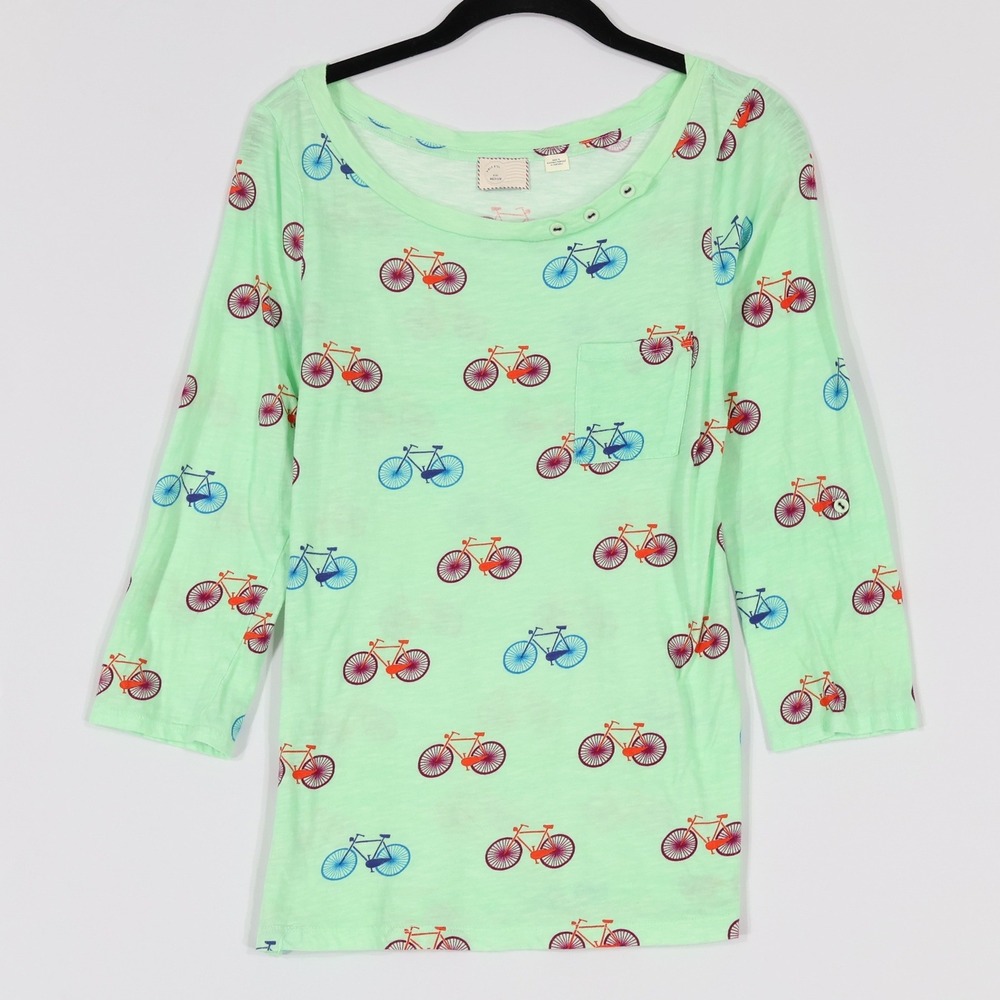 Anthropologie Postmark Bicycle Print Top Women M Green 3/4 Sleeve Novelty Twee